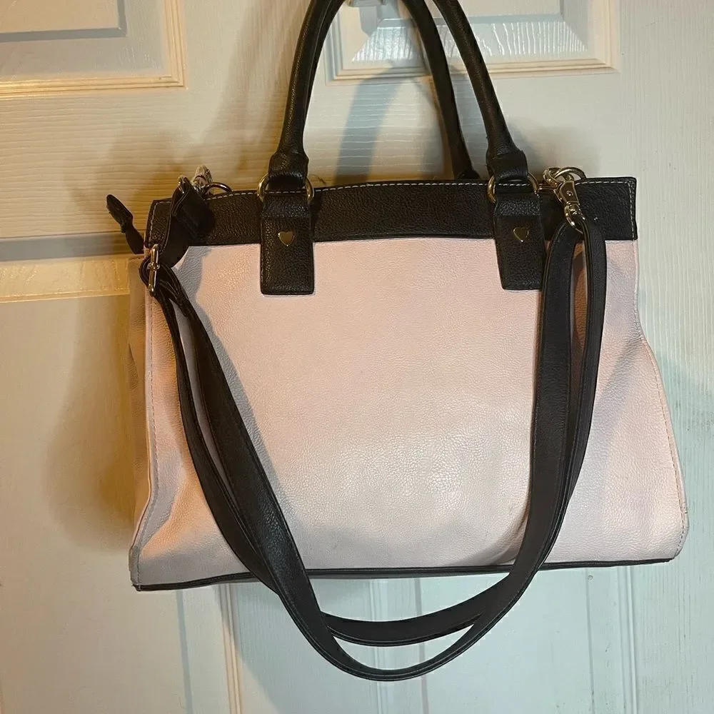 Betsey Johnson vegan leather pink & beige with black & white pocket,black straps